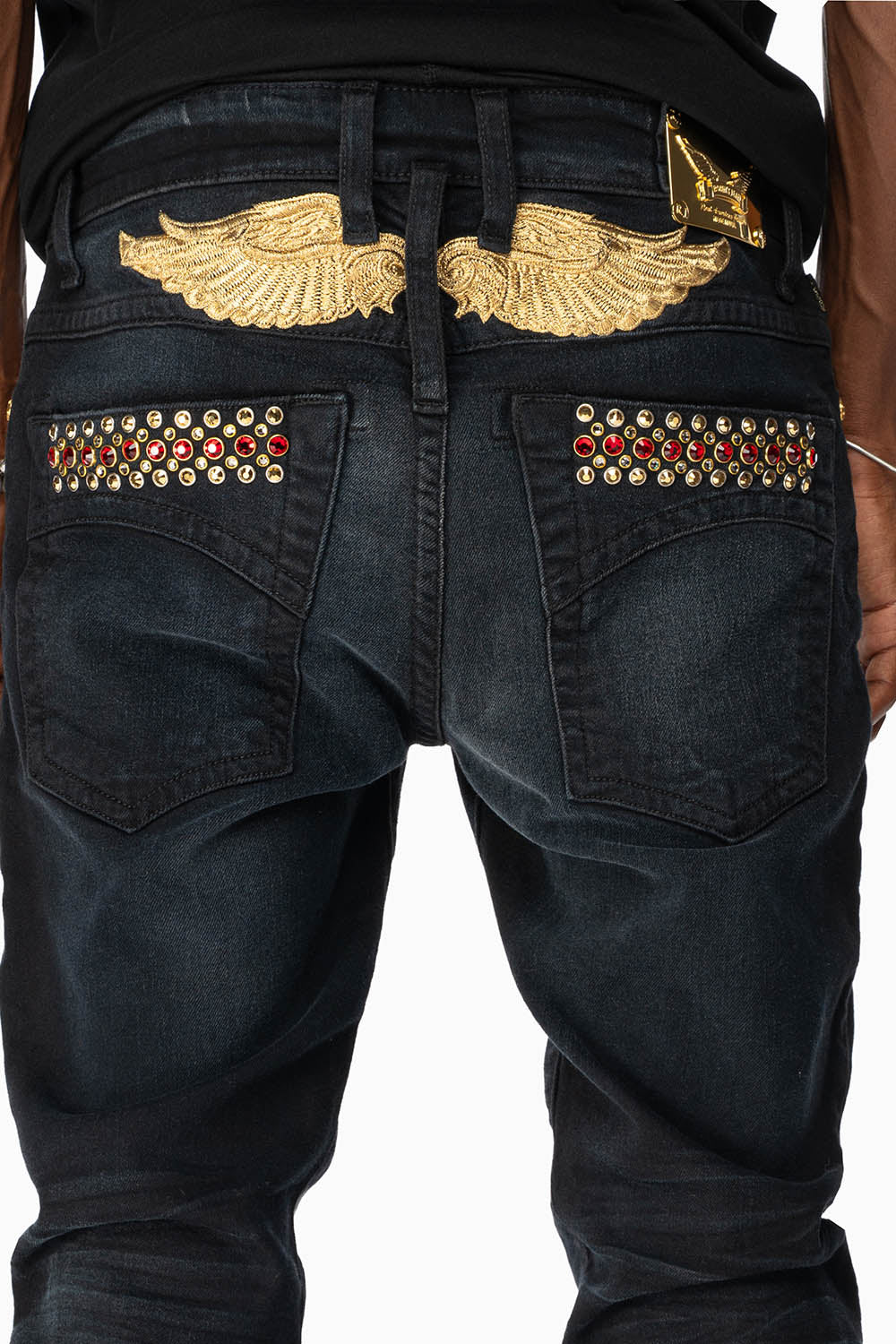 SKINNY MENS JEANS IN F_D UP BLACK WASH WITH RED AND GOLD AURUM CRYSTALS