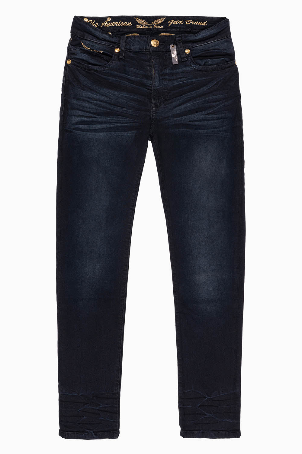 SKINNY MENS JEANS IN F_D UP BLACK WASH WITH RED AND GOLD AURUM CRYSTALS