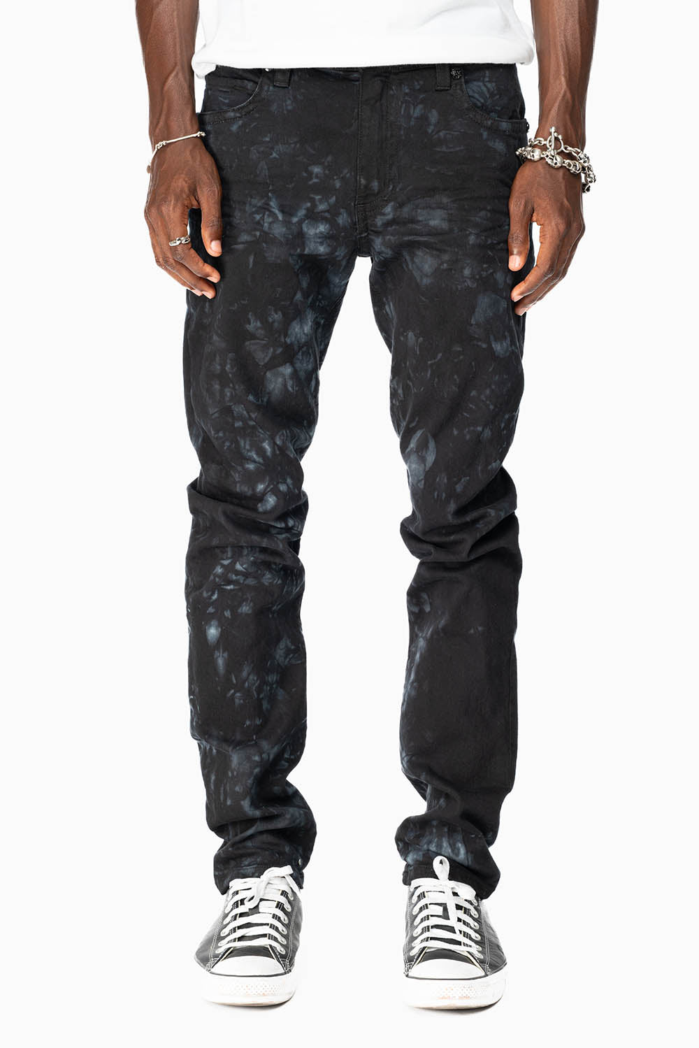 SKINNY MENS JEANS IN ASTRO BLACK WITH CHAIN STICH EMBROIDERY LOGO EMBELLISHED WITH RED CRYSTALS