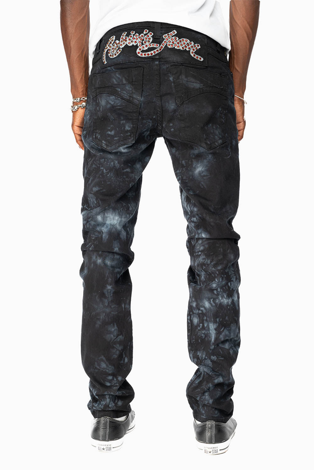 SKINNY MENS JEANS IN ASTRO BLACK WITH CHAIN STICH EMBROIDERY LOGO EMBELLISHED WITH RED CRYSTALS