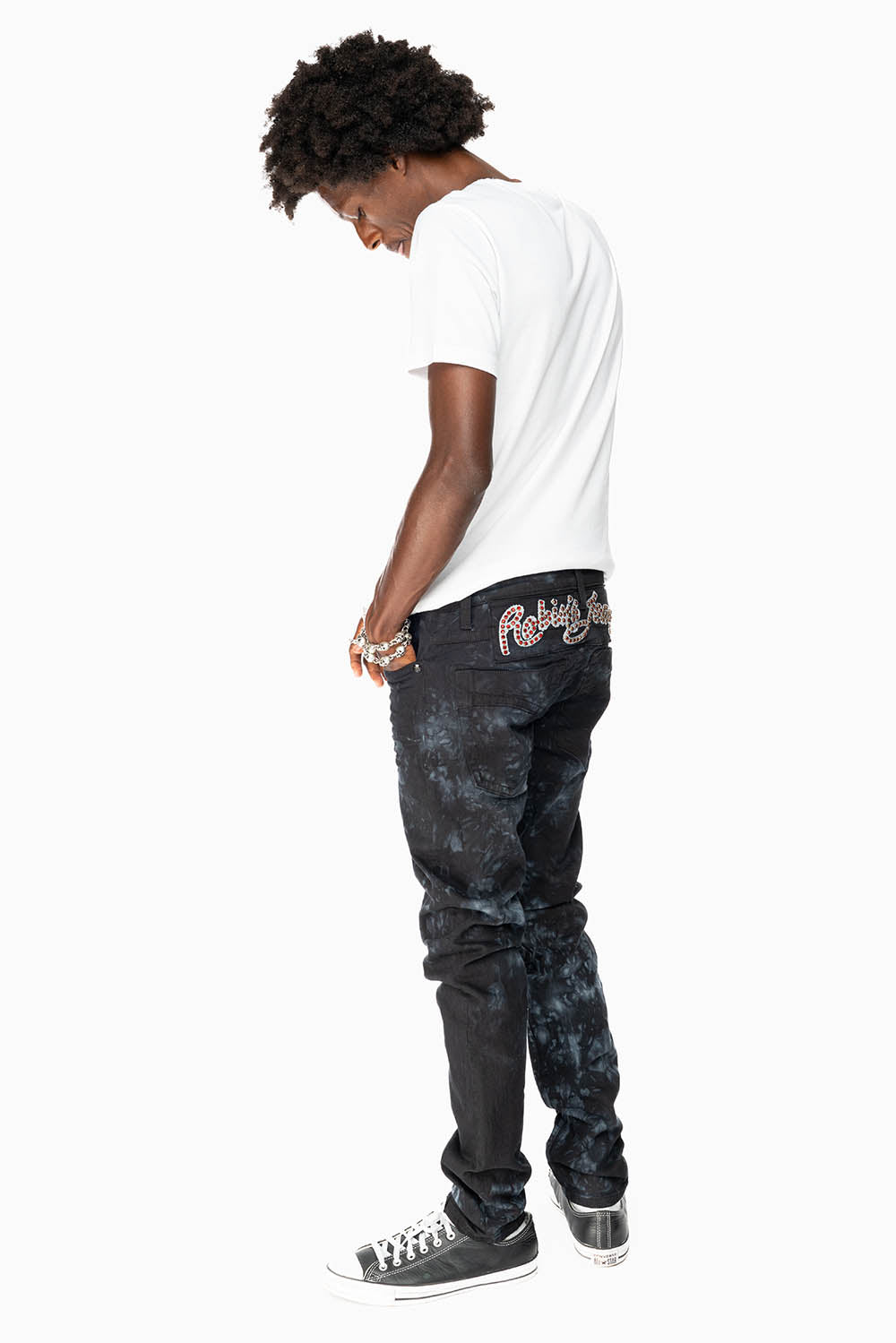 SKINNY MENS JEANS IN ASTRO BLACK WITH CHAIN STICH EMBROIDERY LOGO EMBELLISHED WITH RED CRYSTALS