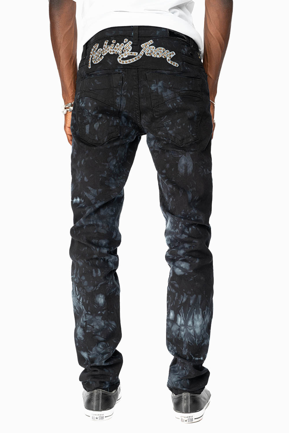 SKINNY MENS JEANS IN ASTRO BLACK WITH CHAIN STICH EMBROIDERY LOGO EMBELLISHED WITH SMOKY TOPAZ CRYSTALS