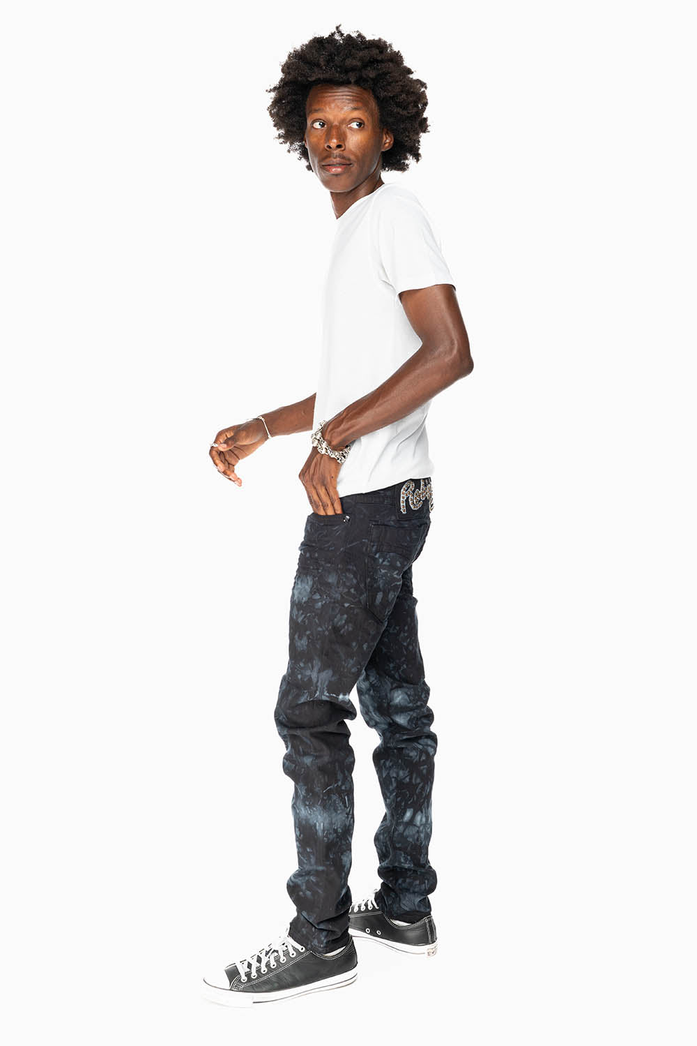 SKINNY MENS JEANS IN ASTRO BLACK WITH CHAIN STICH EMBROIDERY LOGO EMBELLISHED WITH SMOKY TOPAZ CRYSTALS