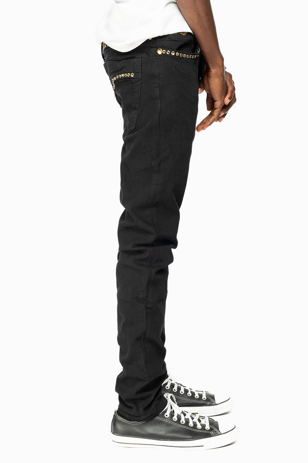 SKINNY JEAN IN PURE BLACK WITH GOLD O.E. LOGO EMBELISHED WITH SMOKY TOPAZ CRYSTALS