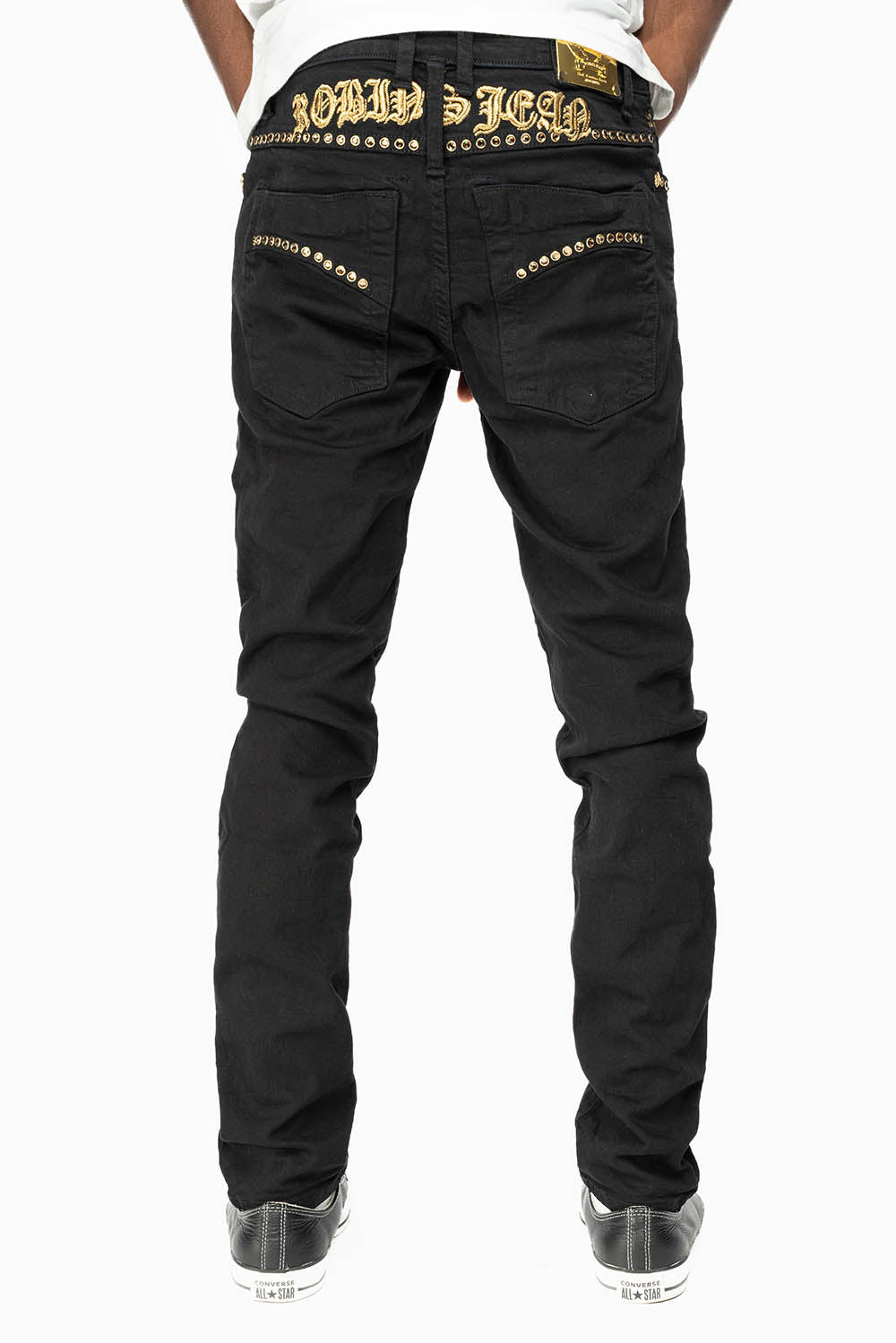 SKINNY JEAN IN PURE BLACK WITH GOLD O.E. LOGO EMBELISHED WITH SMOKY TOPAZ CRYSTALS