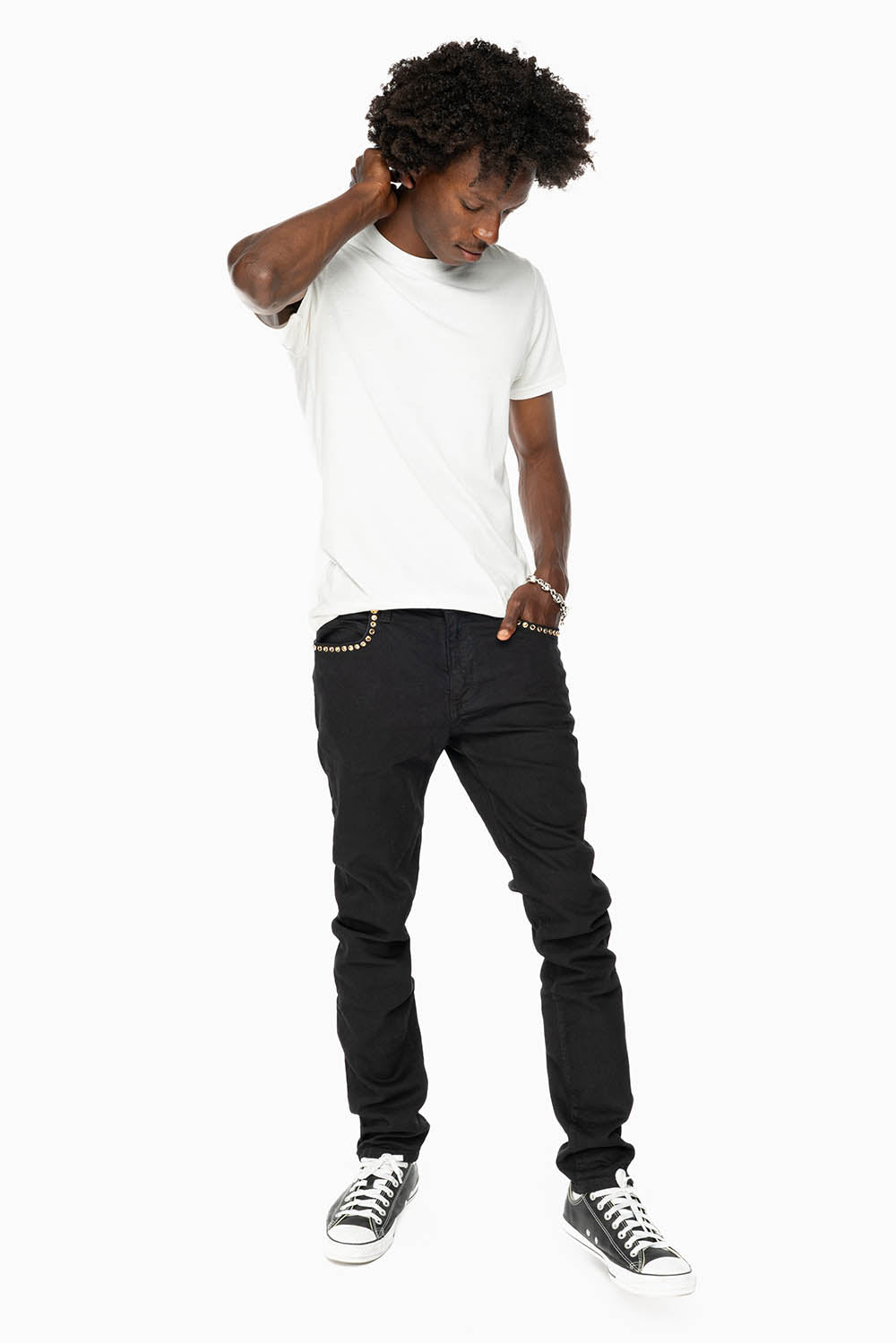SKINNY JEAN IN PURE BLACK WITH GOLD O.E. LOGO EMBELISHED WITH SMOKY TOPAZ CRYSTALS