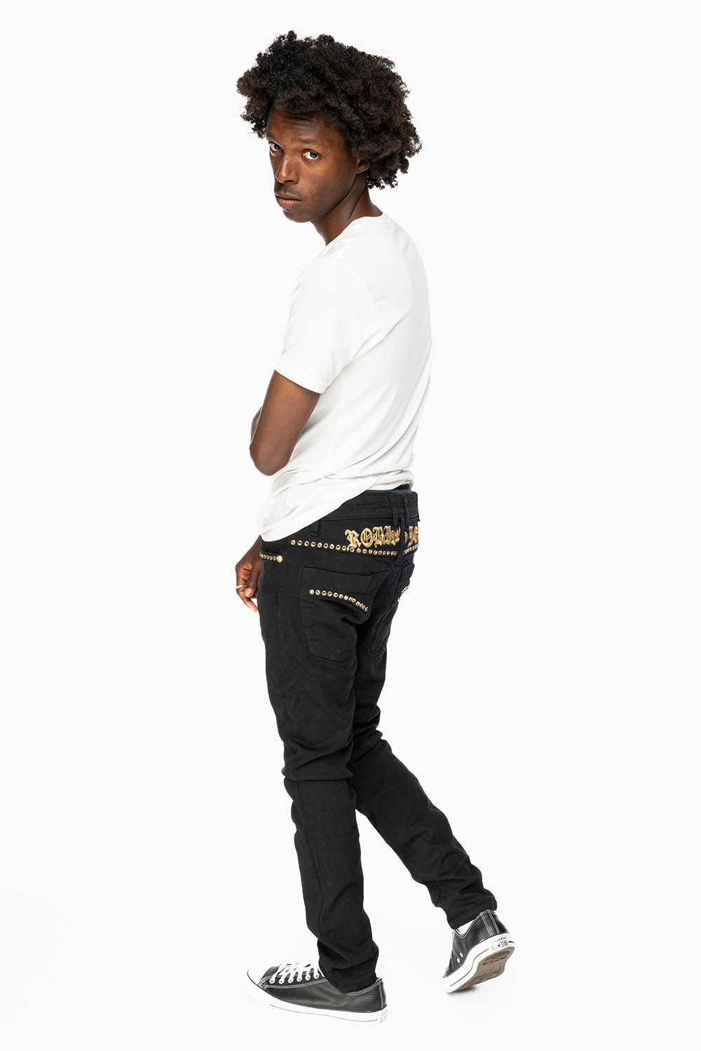 SKINNY JEAN IN PURE BLACK WITH GOLD O.E. LOGO EMBELISHED WITH SMOKY TOPAZ CRYSTALS