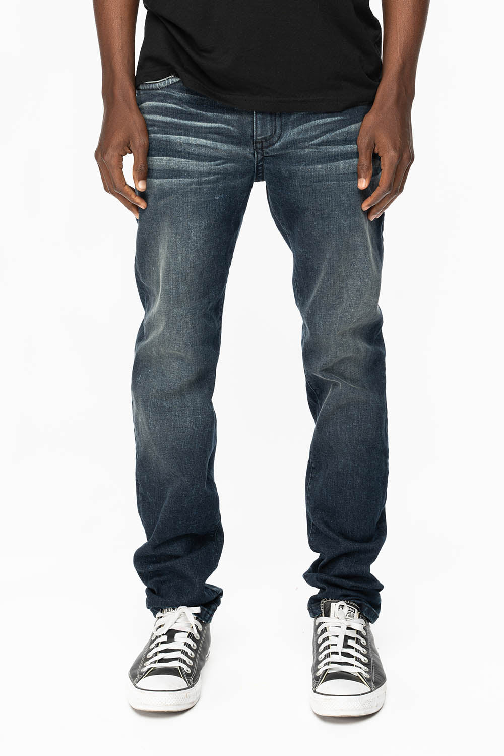 SKINNY MENS JEANS IN 4 D DARK BLUE WASH WITH BLUE SAPPHIRE CRYSTALS AND FROSTY GOLD NAILHEAD