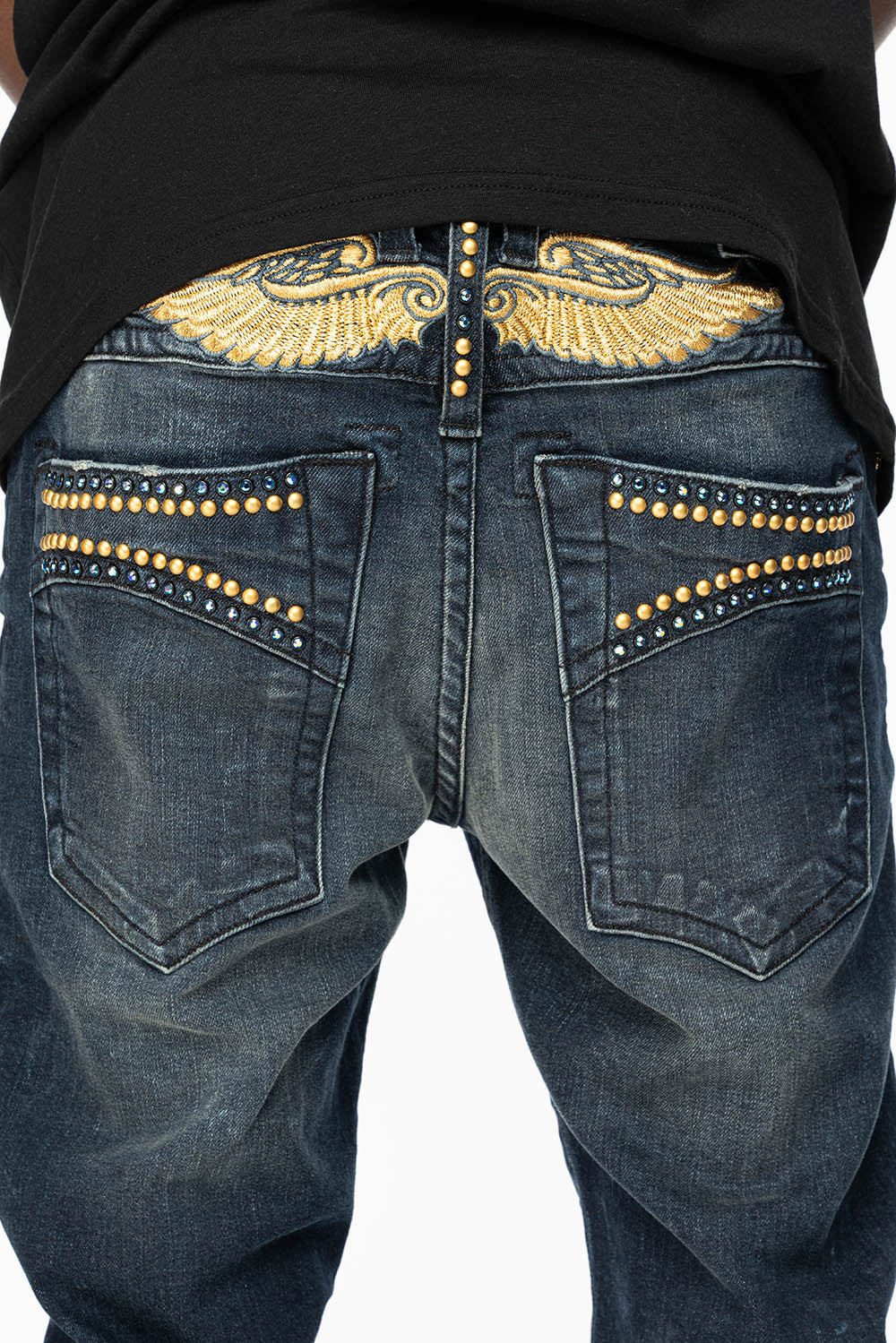SKINNY MENS JEANS IN 4 D DARK BLUE WASH WITH BLUE SAPPHIRE CRYSTALS AND FROSTY GOLD NAILHEAD