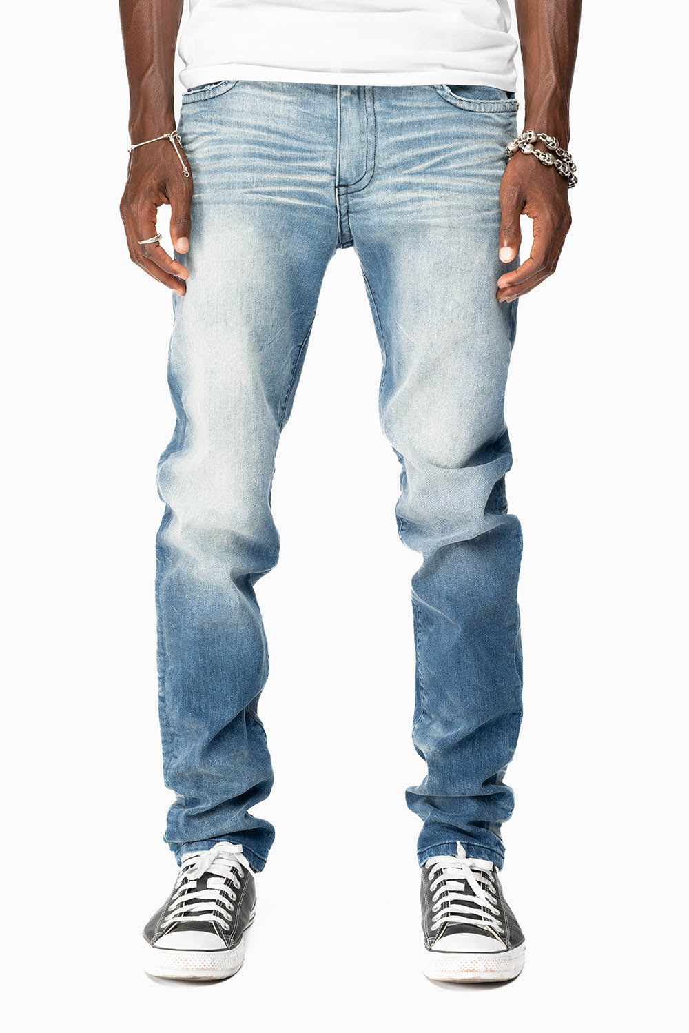 MENS SKINNY JEANS IN OMAHA MEDIUM WASH WITH GOLD WING EMBROIDERY
