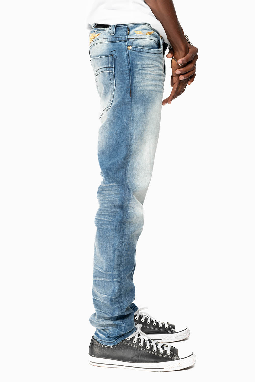 MENS SKINNY JEANS IN OMAHA MEDIUM WASH WITH GOLD WING EMBROIDERY