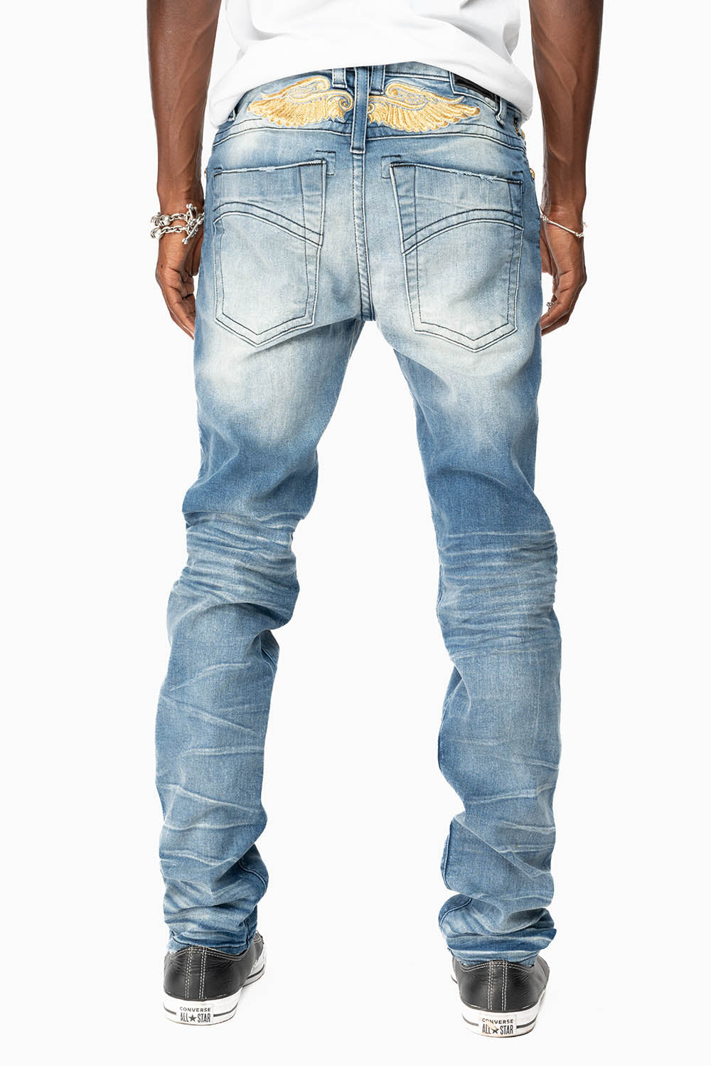 MENS SKINNY JEANS IN OMAHA MEDIUM WASH WITH GOLD WING EMBROIDERY