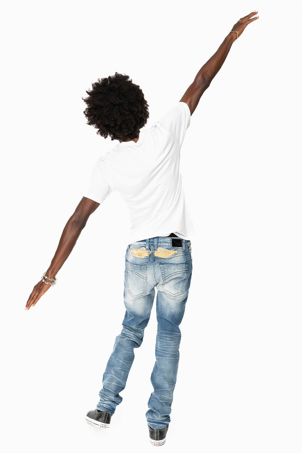 MENS SKINNY JEANS IN OMAHA MEDIUM WASH WITH GOLD WING EMBROIDERY