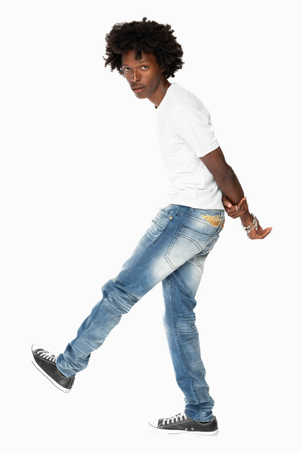 MENS SKINNY JEANS IN OMAHA MEDIUM WASH WITH GOLD WING EMBROIDERY