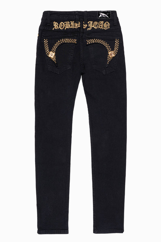 KILLER FLAP MENS SKINNY JEANS IN PURE BLK  EMBELLISHED WITH  CRYSTALS AND  JEWEL BROOCH