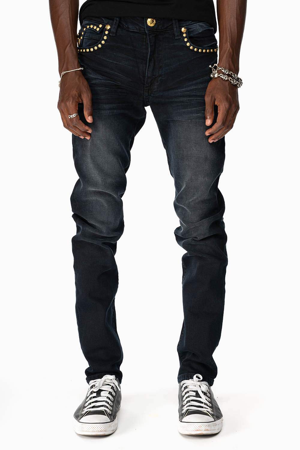 MENS F-UP BLACK SLIM FIT KILLER FLAP JEANS WITH O.E. SCRIPT EMBELLISHED WITH GOLD NAILHEADS