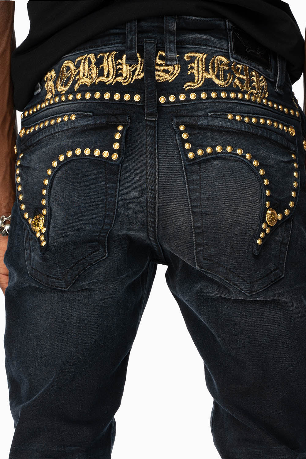 MENS F-UP BLACK SLIM FIT KILLER FLAP JEANS WITH O.E. SCRIPT EMBELLISHED WITH GOLD NAILHEADS