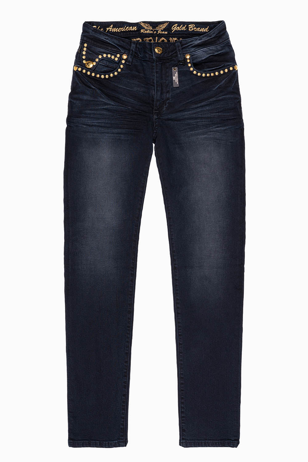 MENS F-UP BLACK SLIM FIT KILLER FLAP JEANS WITH O.E. SCRIPT EMBELLISHED WITH GOLD NAILHEADS