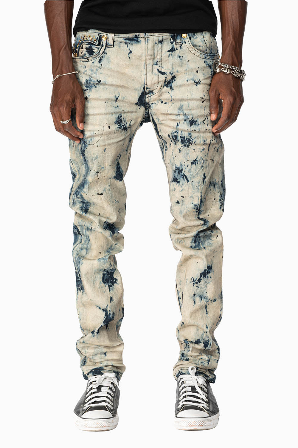 KILLER FLAP MENS SKINNY JEANS IN FROZEN WASH WITH EMBELLISHED SMOKY TOPAZ CRYSTALS