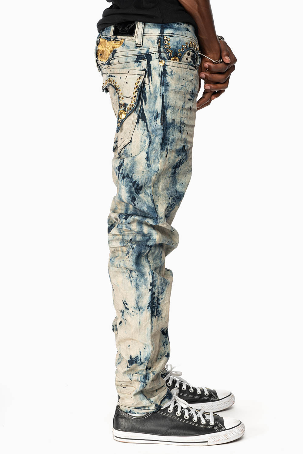 KILLER FLAP MENS SKINNY JEANS IN FROZEN WASH WITH EMBELLISHED SMOKY TOPAZ CRYSTALS