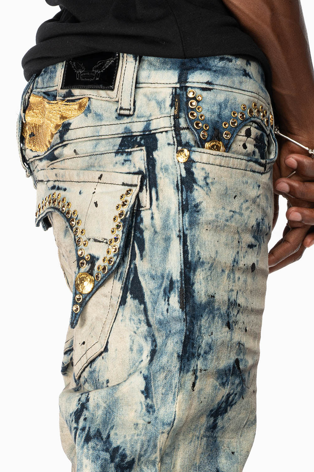 KILLER FLAP MENS SKINNY JEANS IN FROZEN WASH WITH EMBELLISHED SMOKY TOPAZ CRYSTALS