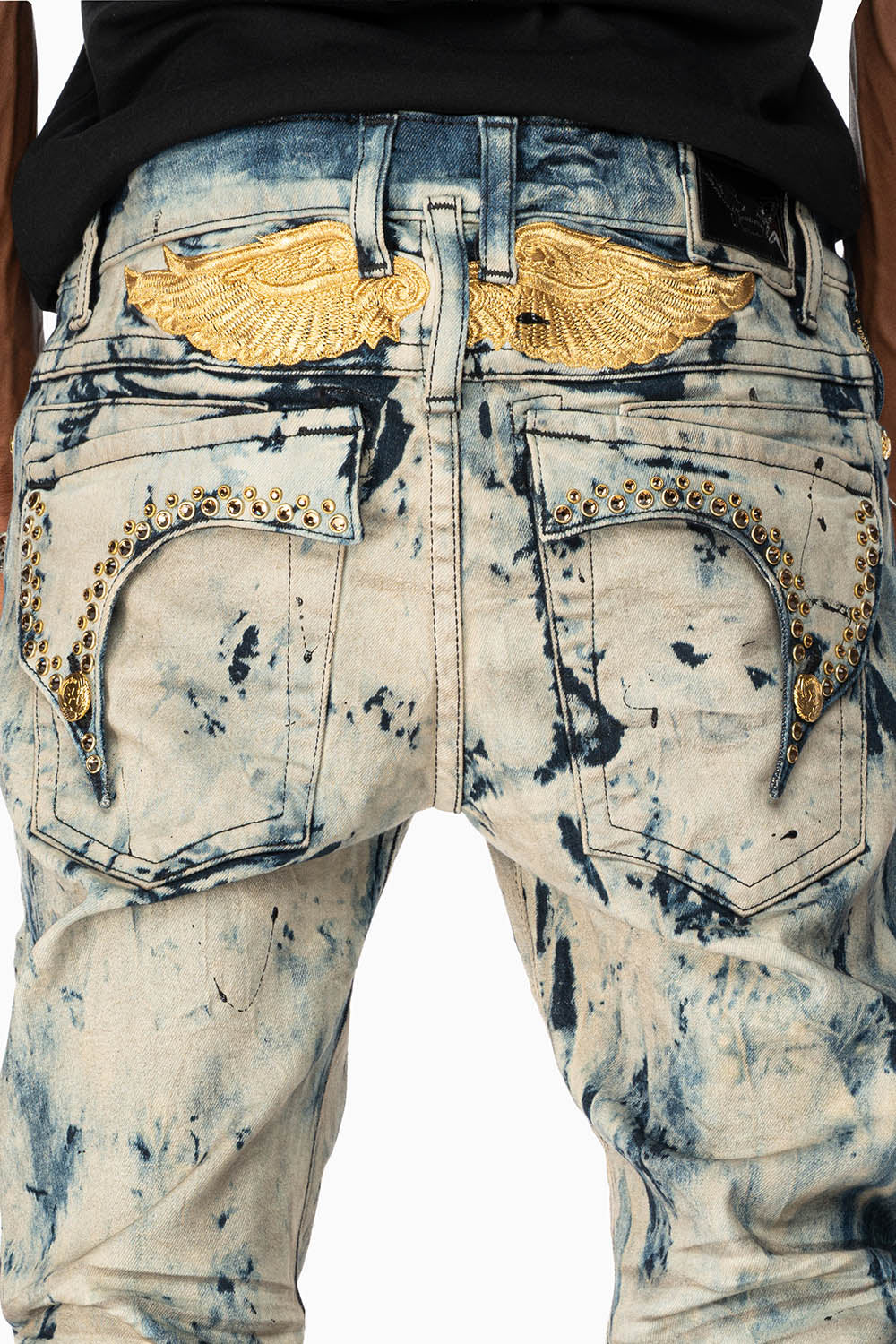 KILLER FLAP MENS SKINNY JEANS IN FROZEN WASH WITH EMBELLISHED SMOKY TOPAZ CRYSTALS