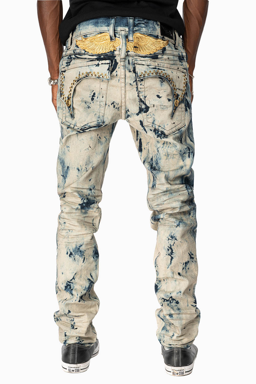 KILLER FLAP MENS SKINNY JEANS IN FROZEN WASH WITH EMBELLISHED SMOKY TOPAZ CRYSTALS