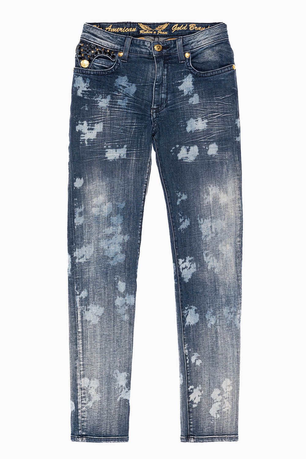 KILLER FLAP MENS SKINNY JEANS IN NEW JAPAN MEDIUM WASH WITH GOLD WINGS EMBELLISHED WITH CRYSTALS