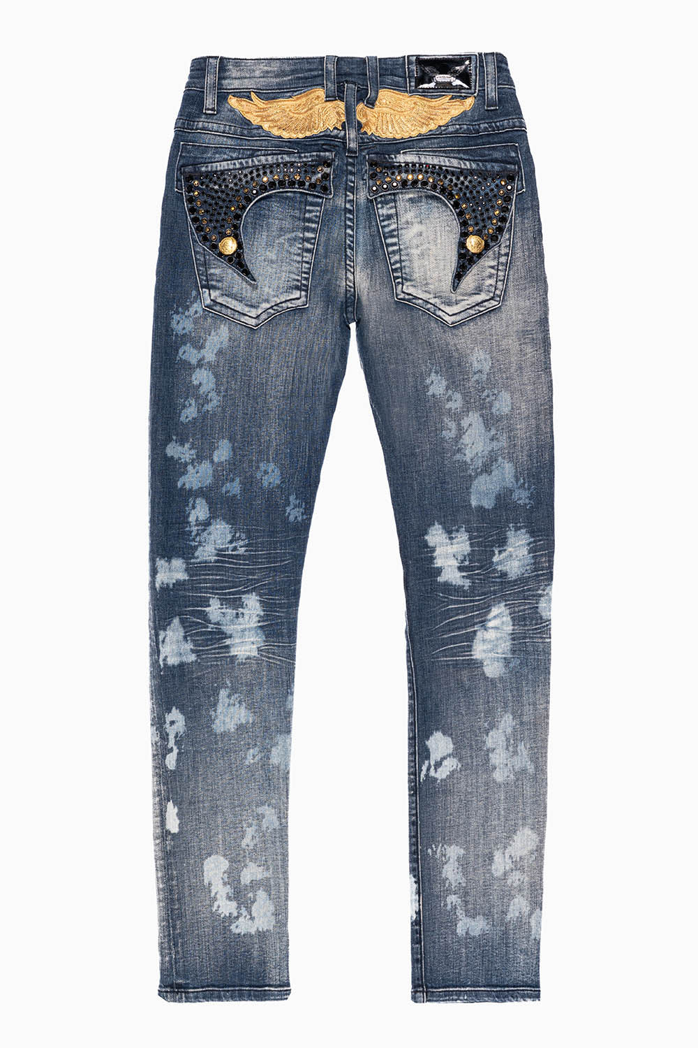 KILLER FLAP MENS SKINNY JEANS IN NEW JAPAN MEDIUM WASH WITH GOLD WINGS EMBELLISHED WITH CRYSTALS
