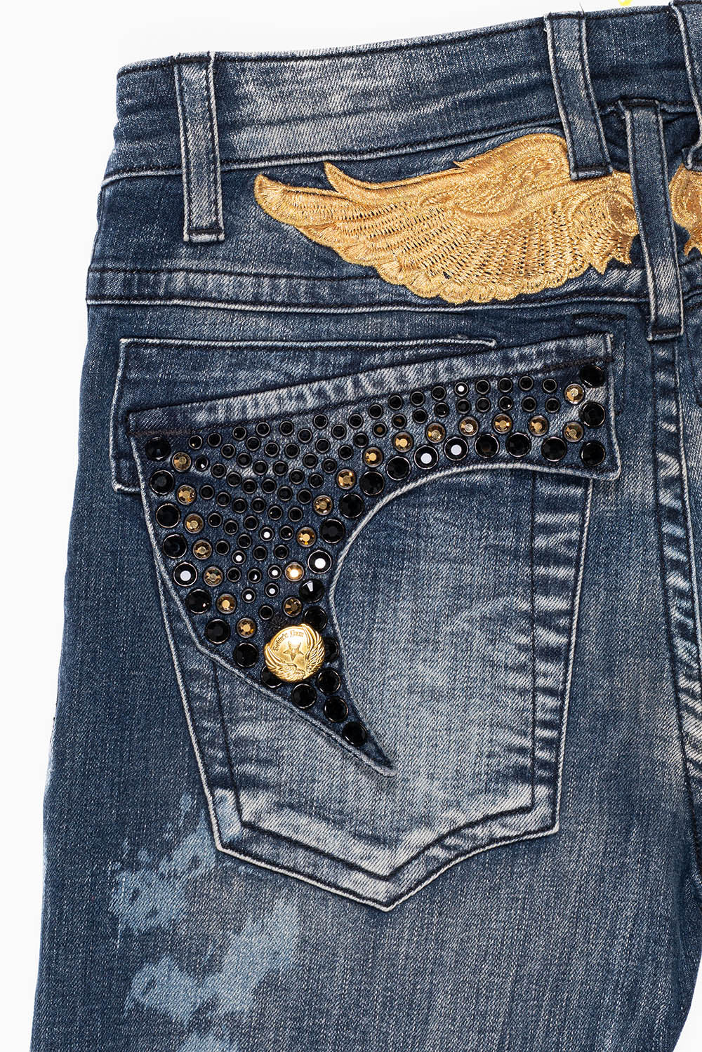 KILLER FLAP MENS SKINNY JEANS IN NEW JAPAN MEDIUM WASH WITH GOLD WINGS EMBELLISHED WITH CRYSTALS