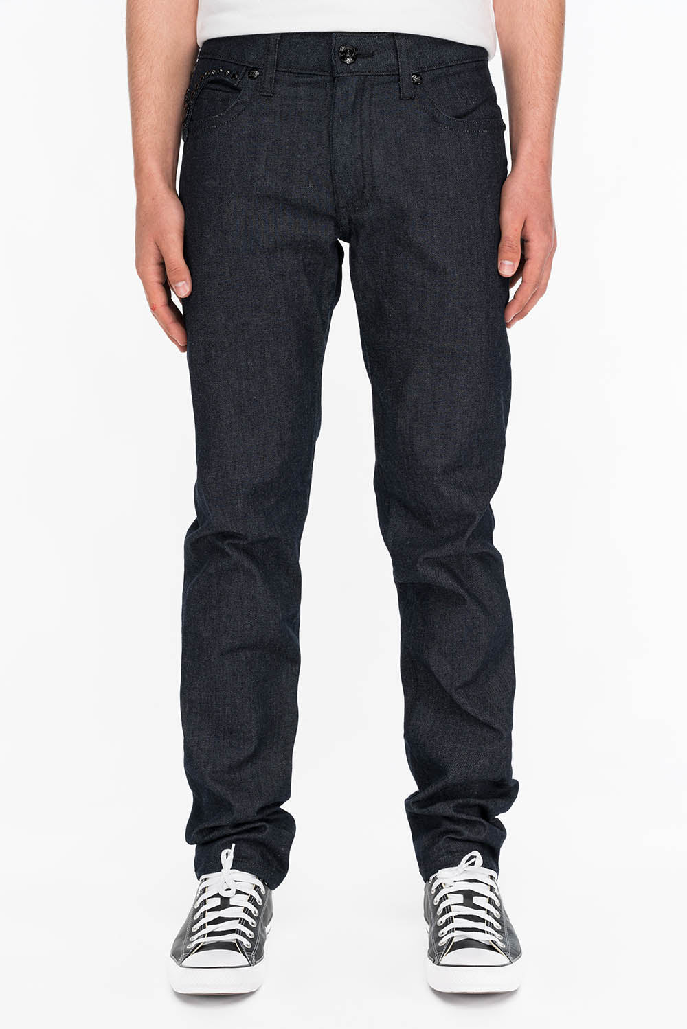 MENS RAW DENIM SLIM FIT KILLER FLAP JEANS WITH WINGS AND CRYSTALS