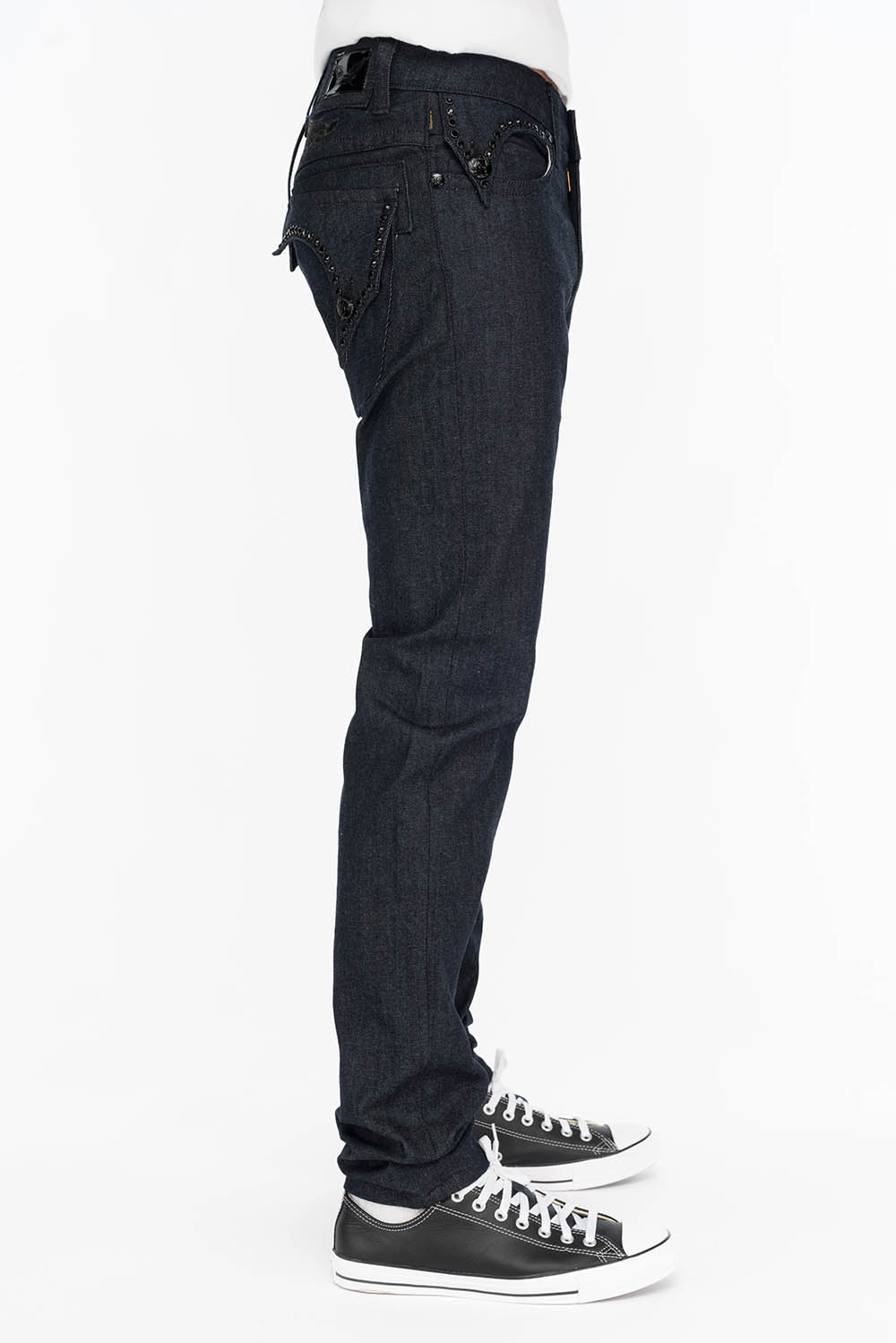 MENS RAW DENIM SLIM FIT KILLER FLAP JEANS WITH WINGS AND CRYSTALS