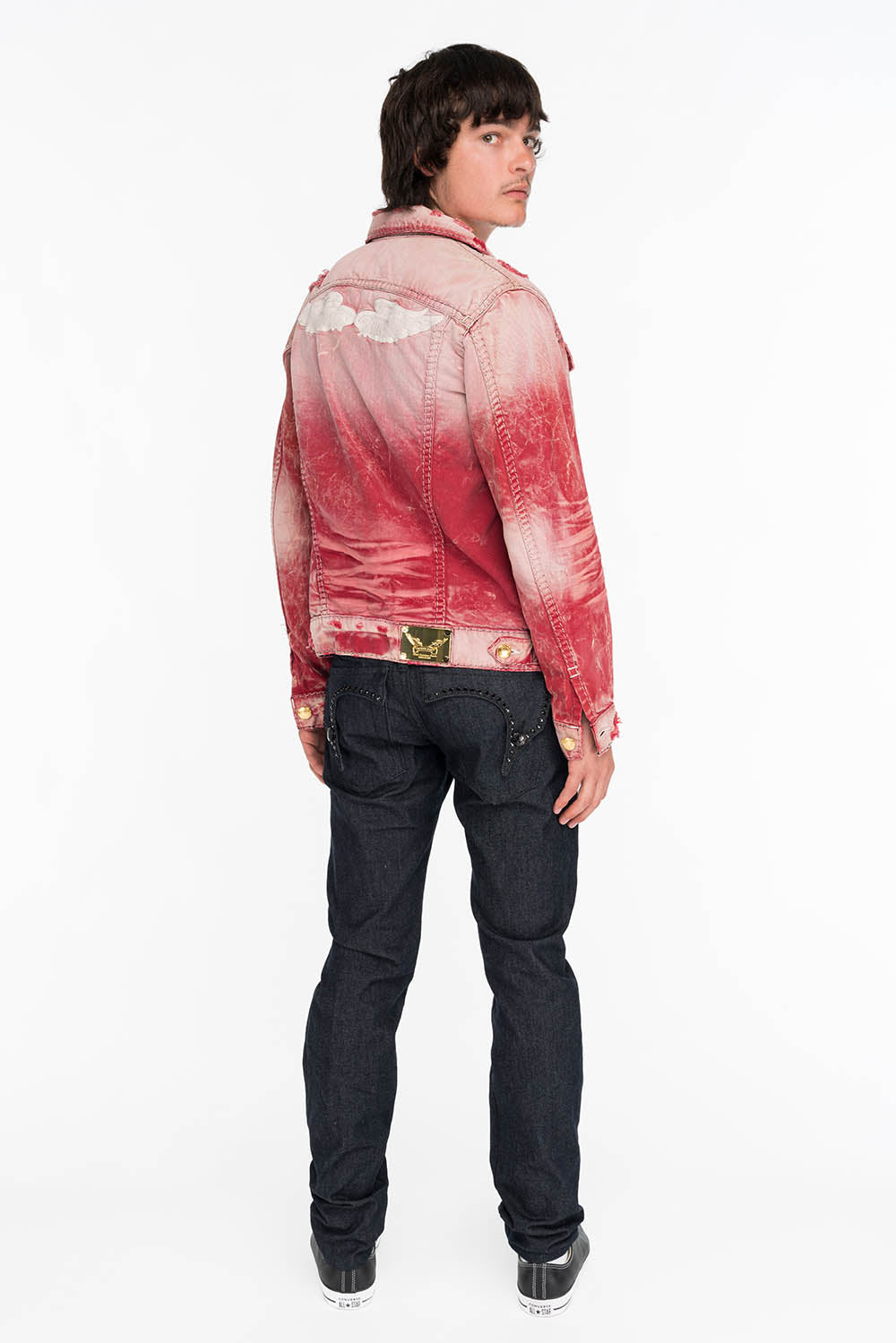 MENS RAW DENIM SLIM FIT KILLER FLAP JEANS WITH WINGS AND CRYSTALS