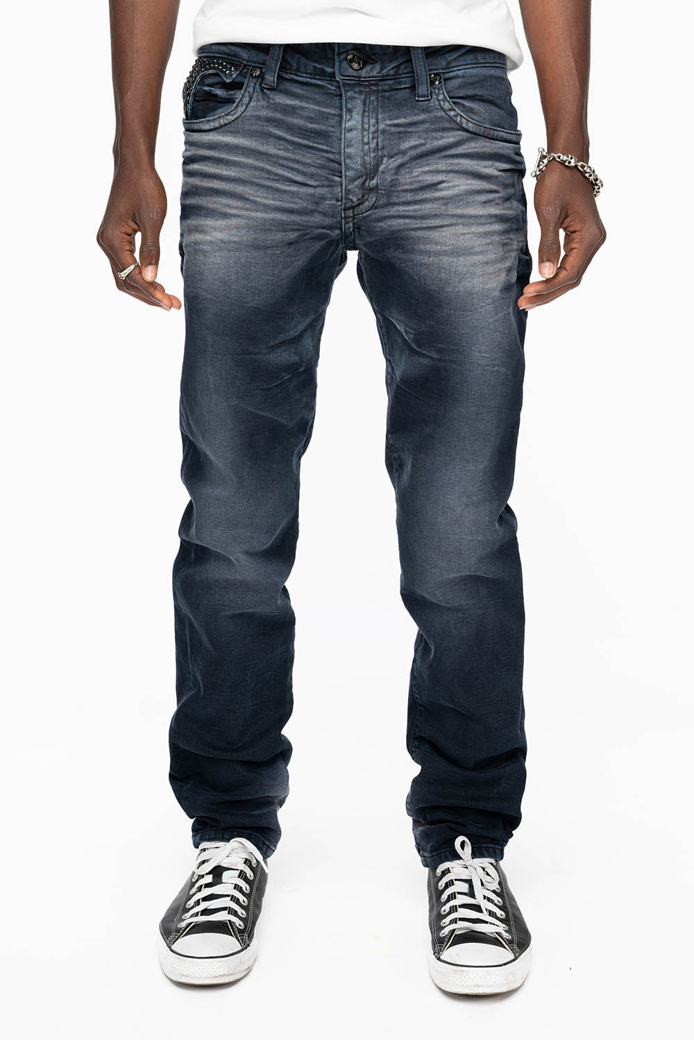 KILLER FLAP MENS SKINNY JEANS IN ANTIQUE PURPLE WITH TONAL WINGS AND FULL CRYSTAL