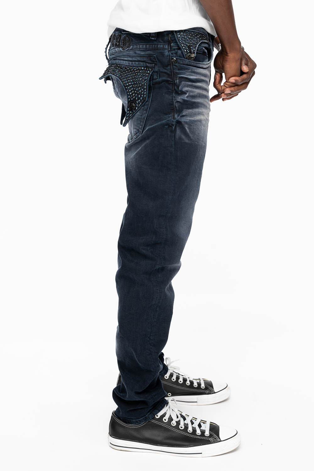 KILLER FLAP MENS SKINNY JEANS IN ANTIQUE PURPLE WITH TONAL WINGS AND FULL CRYSTAL