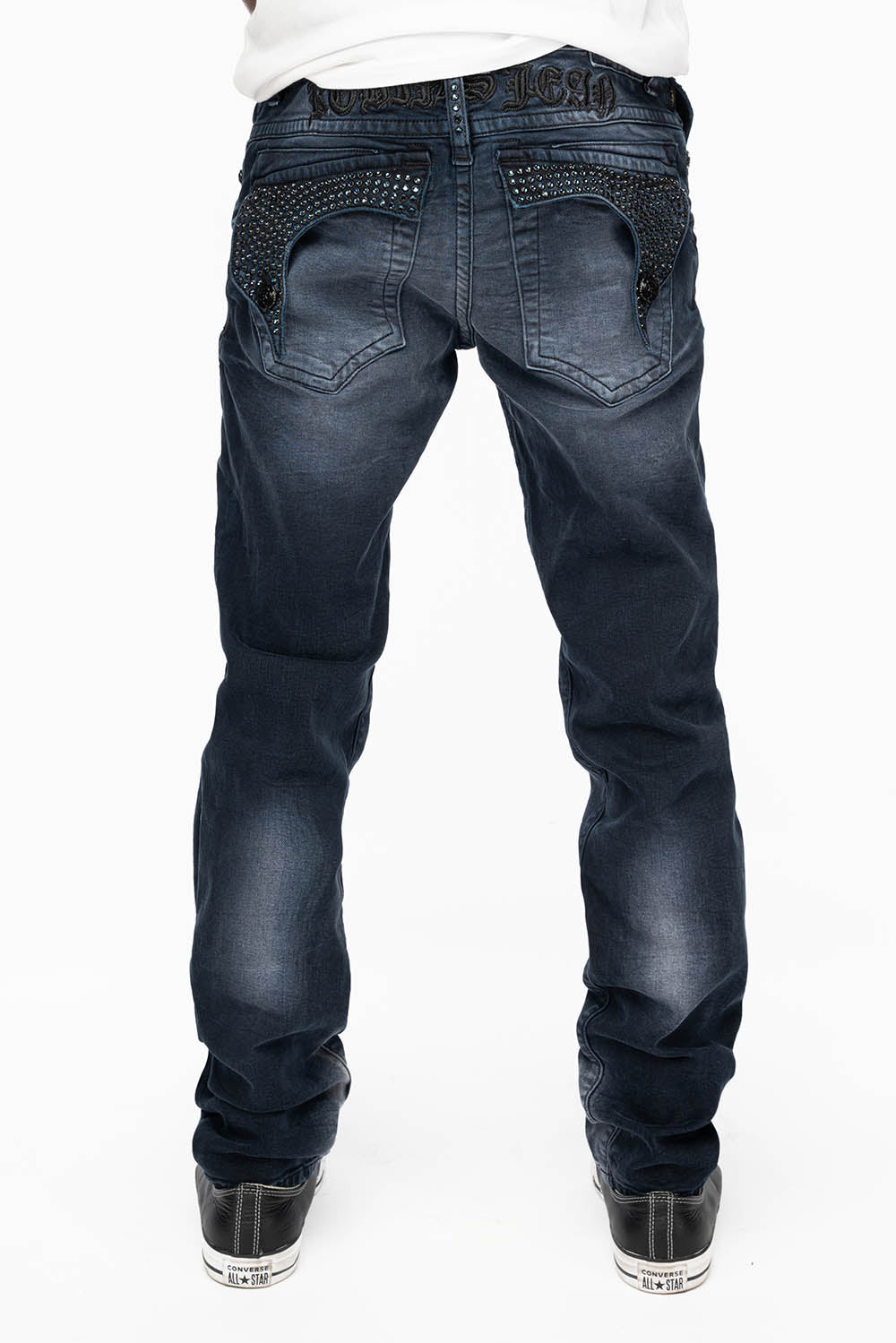 KILLER FLAP MENS SKINNY JEANS IN ANTIQUE PURPLE WITH TONAL WINGS AND FULL CRYSTAL