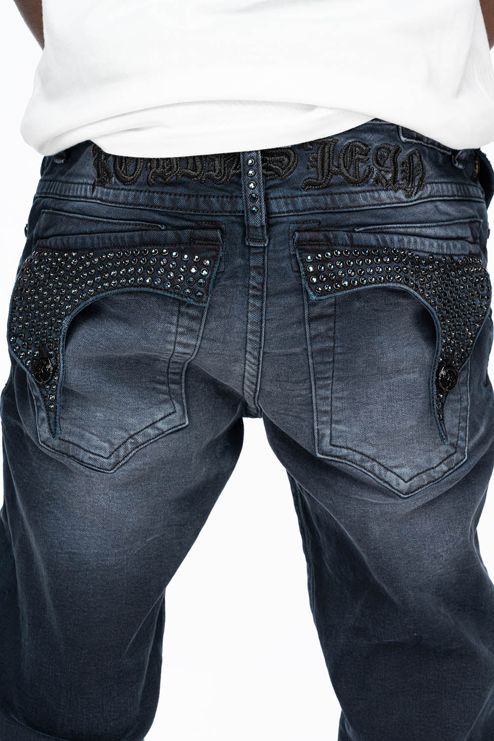 KILLER FLAP MENS SKINNY JEANS IN ANTIQUE PURPLE WITH TONAL WINGS AND FULL CRYSTAL