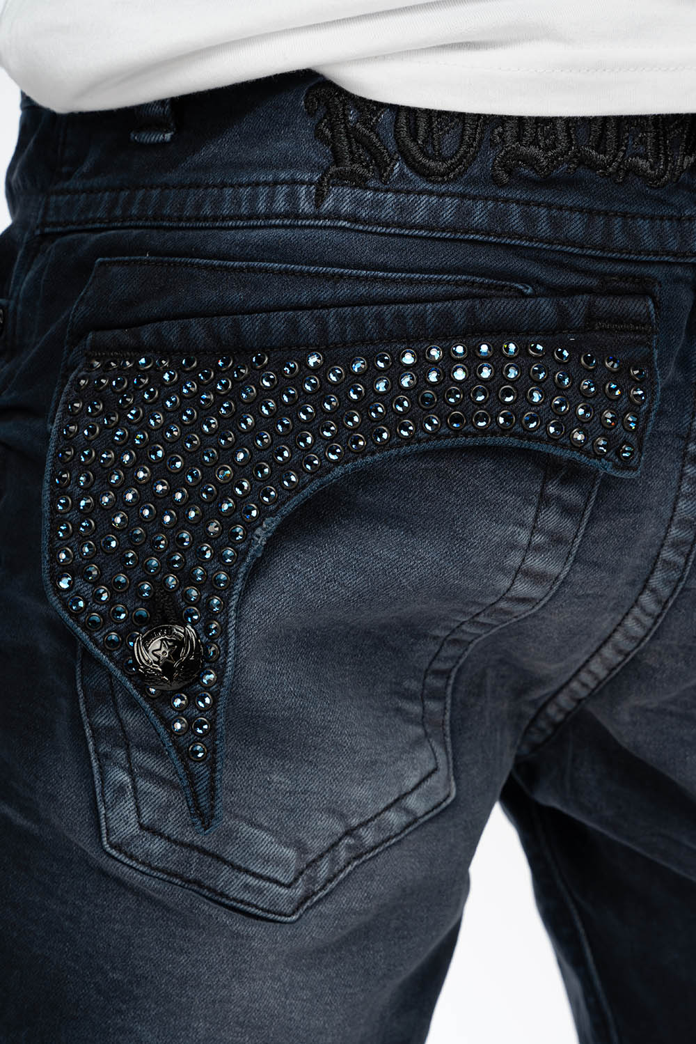 KILLER FLAP MENS SKINNY JEANS IN ANTIQUE PURPLE WITH TONAL WINGS AND FULL CRYSTAL