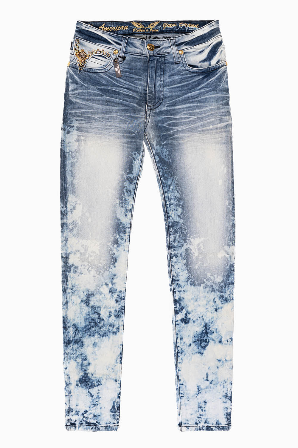 KILLER FLAP MENS SKINNY JEANS IN BLUE CLOUD JAPAN EMBELLISHED WITH CRYSTALS AND JEWEL BROOCH