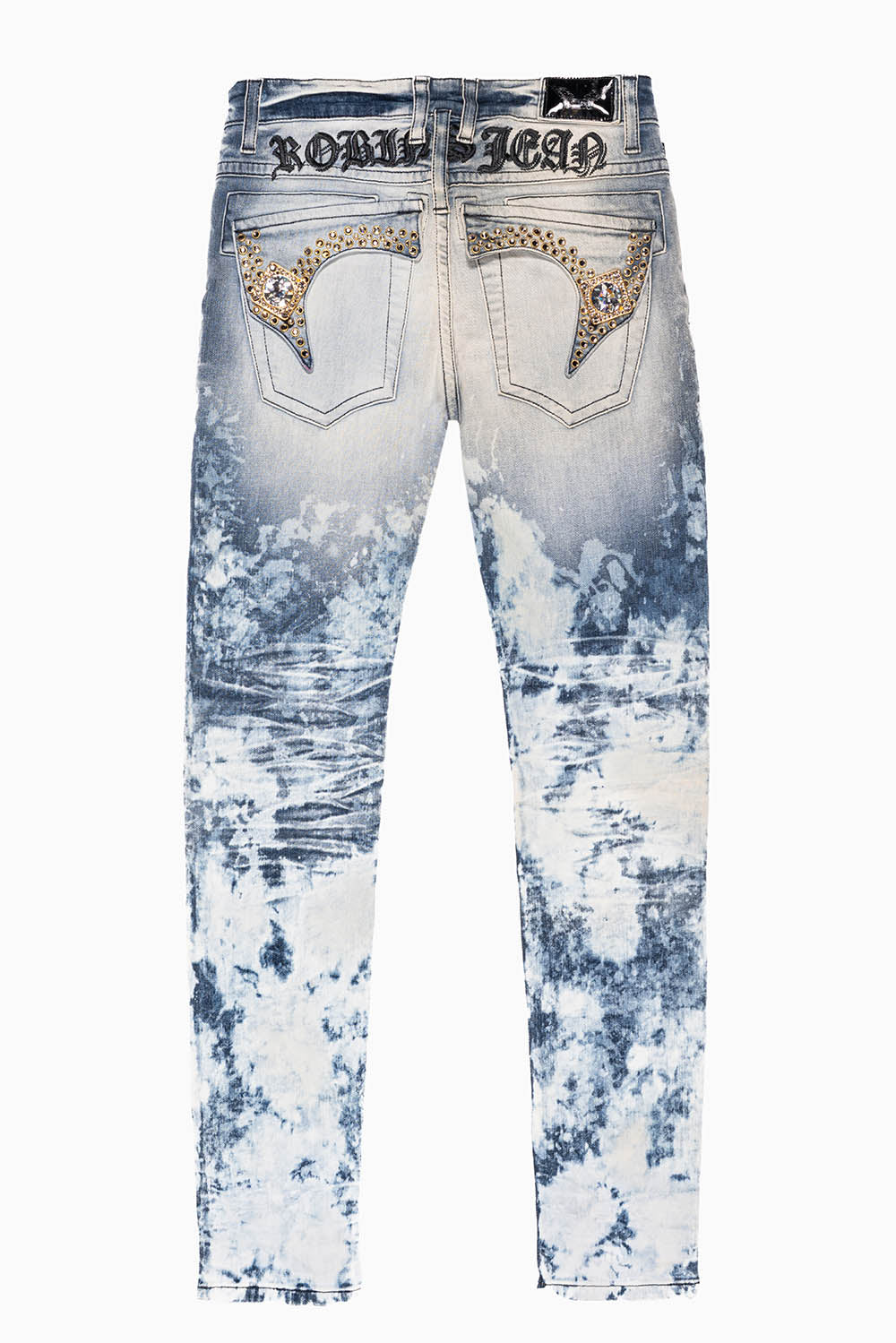 KILLER FLAP MENS SKINNY JEANS IN BLUE CLOUD JAPAN EMBELLISHED WITH CRYSTALS AND JEWEL BROOCH