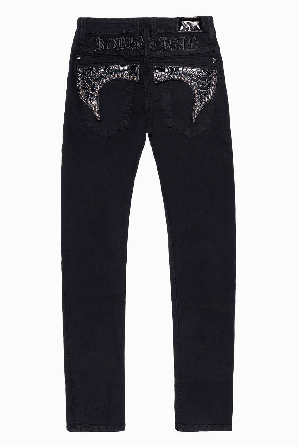 KILLER FLAP MENS SKINNY JEANS IN PURE BLACK WASH WITH BLK CROCODILE FLAPS AND CRYSTALS