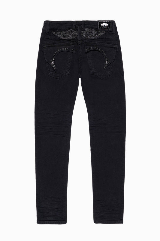 KILLER FLAP SKINNY JEANS IN PURE BLACK  WASH WITH JET BLACK CRYSTALS