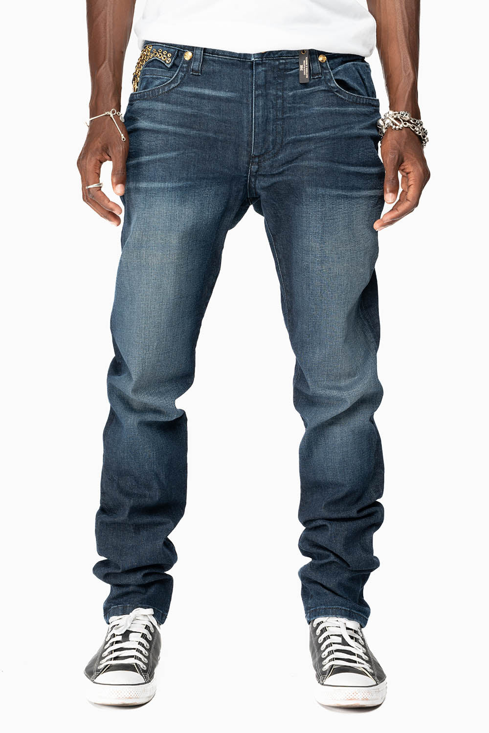 KILLER FLAP MENS SKINNY JEANS IN DARK BLUE WITH GOLD WINGS AND FULL CRYSTAL