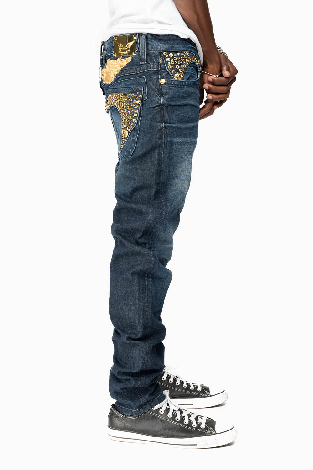 KILLER FLAP MENS SKINNY JEANS IN DARK BLUE WITH GOLD WINGS AND FULL CRYSTAL