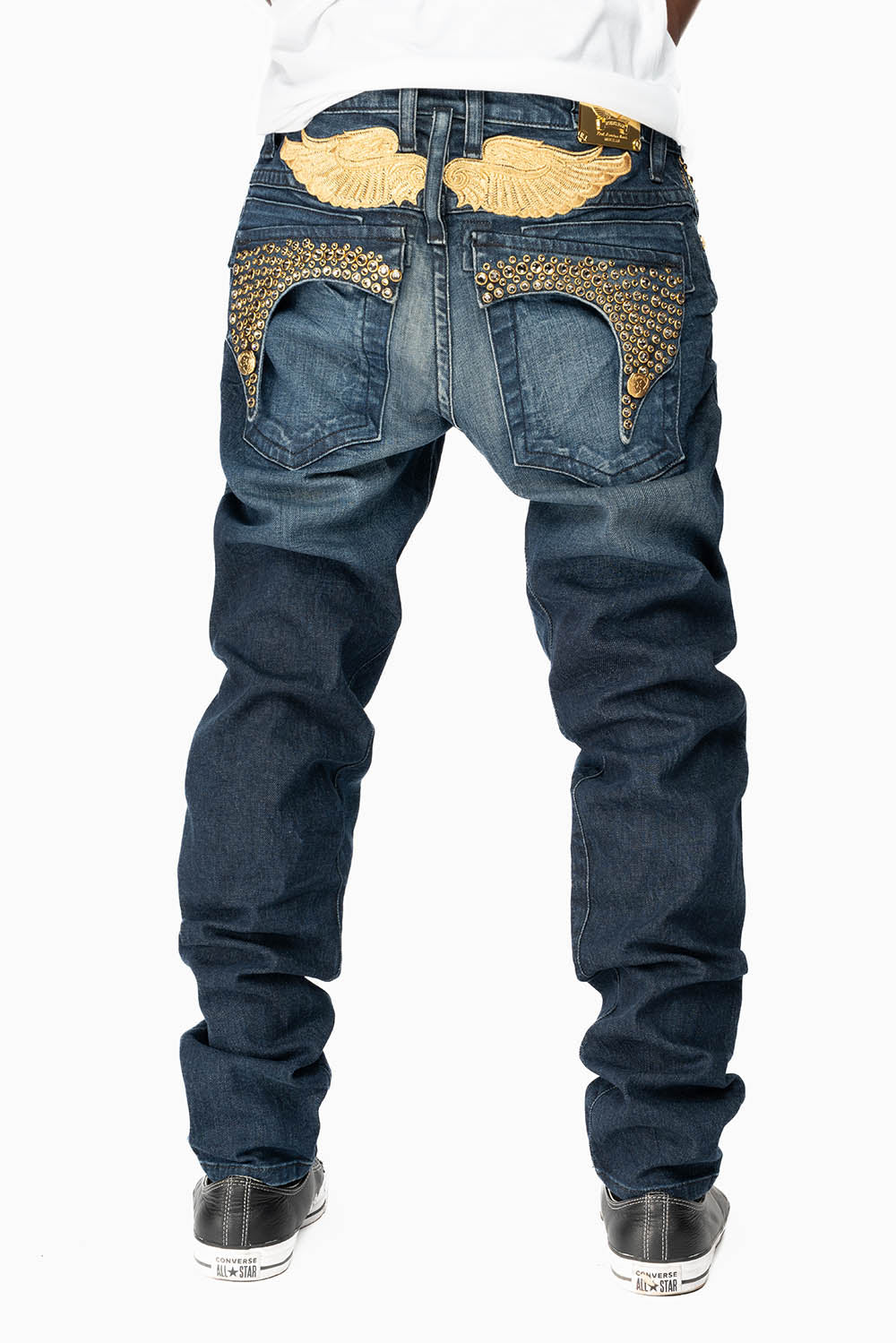 KILLER FLAP MENS SKINNY JEANS IN DARK BLUE WITH GOLD WINGS AND FULL CRYSTAL