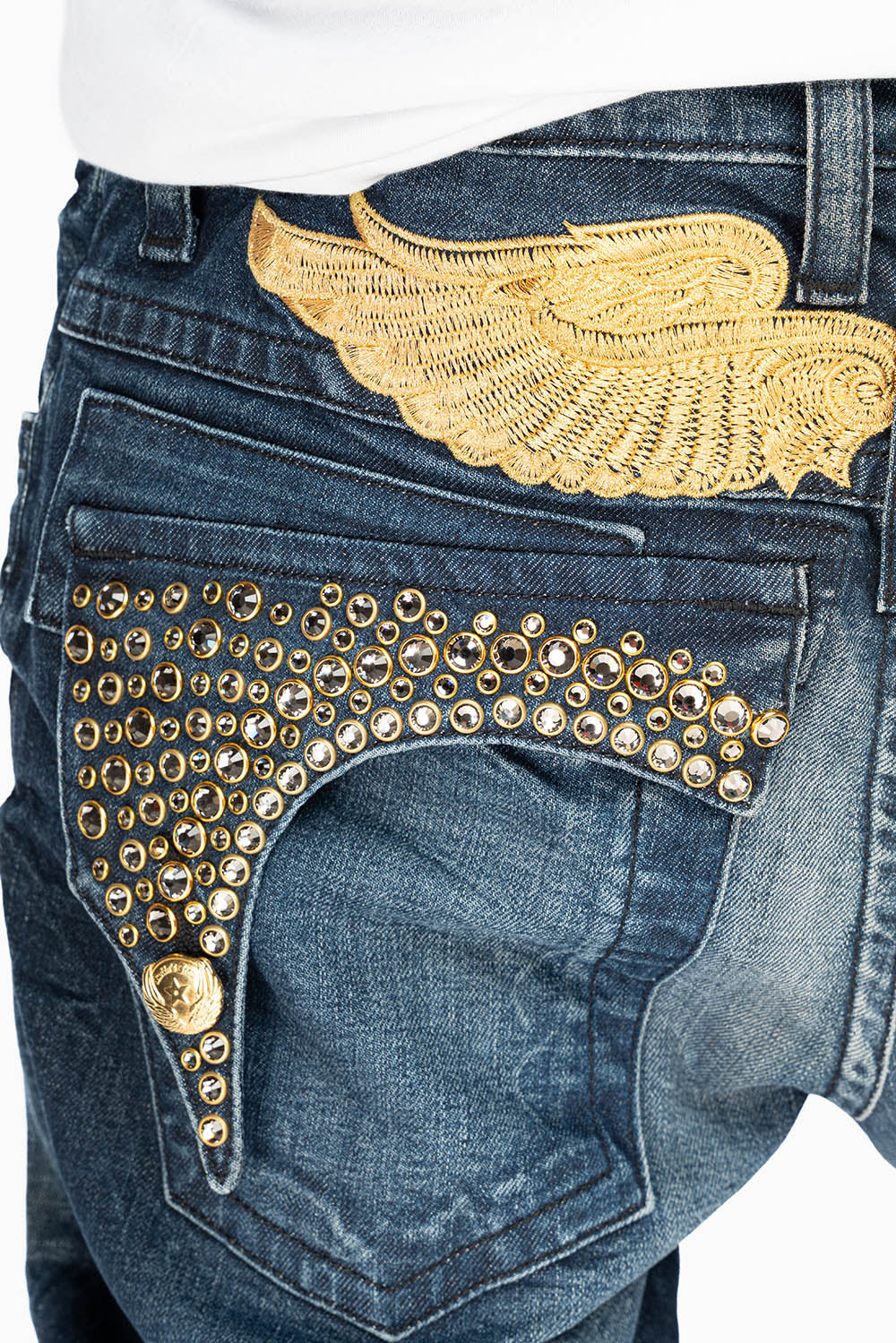 KILLER FLAP MENS SKINNY JEANS IN DARK BLUE WITH GOLD WINGS AND FULL CRYSTAL