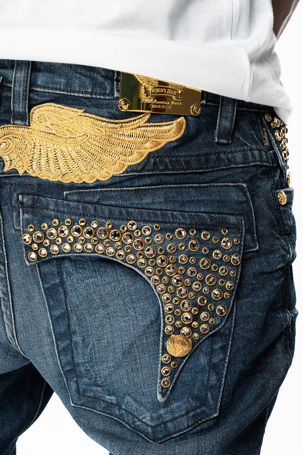 KILLER FLAP MENS SKINNY JEANS IN DARK BLUE WITH GOLD WINGS AND FULL CRYSTAL