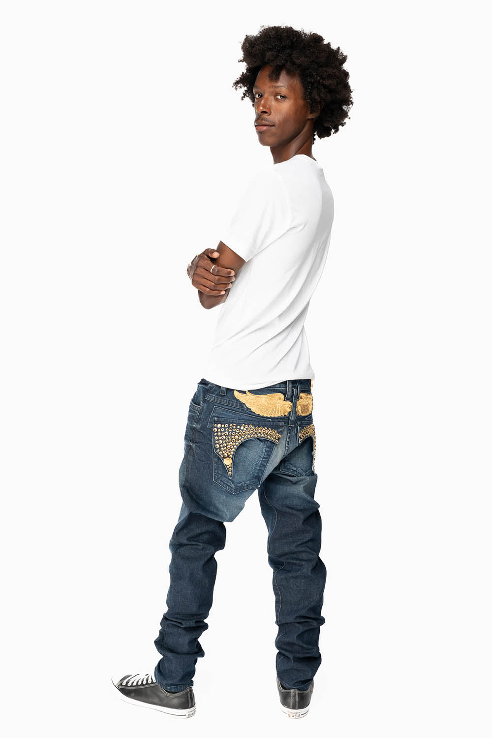 KILLER FLAP MENS SKINNY JEANS IN DARK BLUE WITH GOLD WINGS AND FULL CRYSTAL