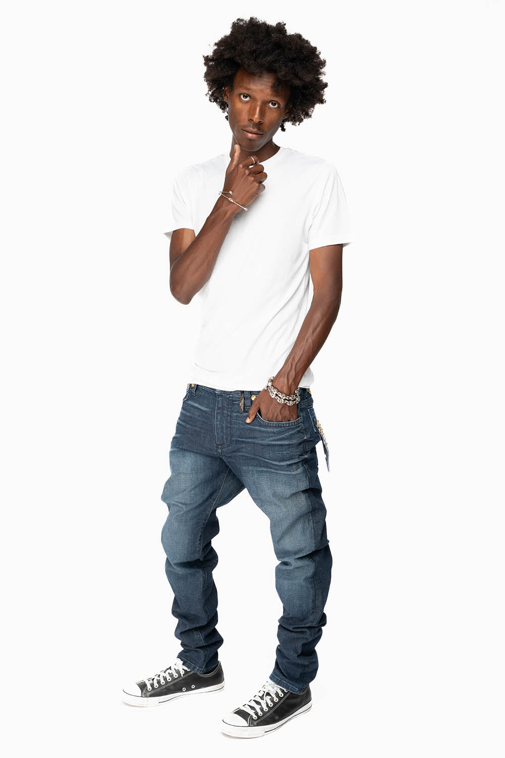 KILLER FLAP MENS SKINNY JEANS IN DARK BLUE WITH GOLD WINGS AND FULL CRYSTAL