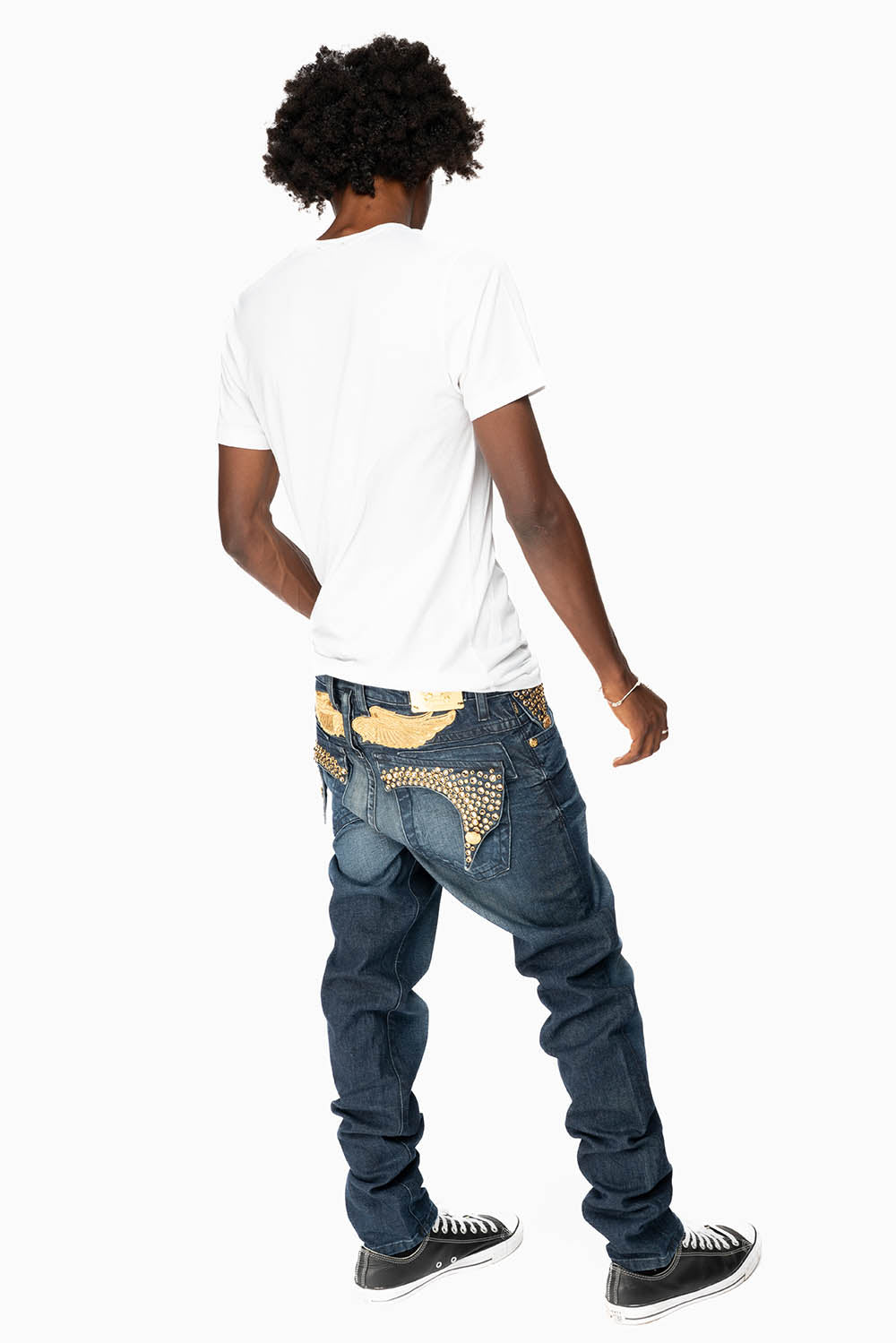 KILLER FLAP MENS SKINNY JEANS IN DARK BLUE WITH GOLD WINGS AND FULL CRYSTAL